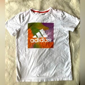 Adidas white t-shirt with colorful art print logo